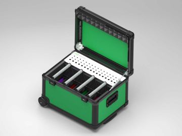 Charging transport case with baskets for 16 tablets