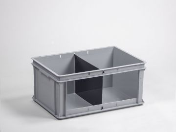 Stackable storage bin 60L open front with two compartments