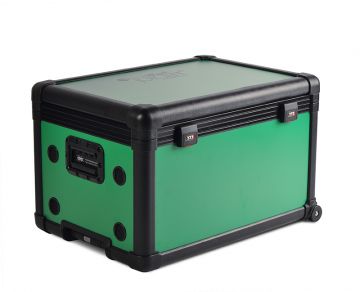 Charging transport case with tablet dividers for 16 tablets, green