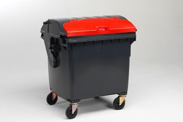 Wheelie bin 1100 liters with roll-top lid with deposit flap, grey/red