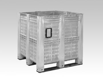 Perforated pallet box 1400L, 1300x1150x1250 mm on 3 skids grey