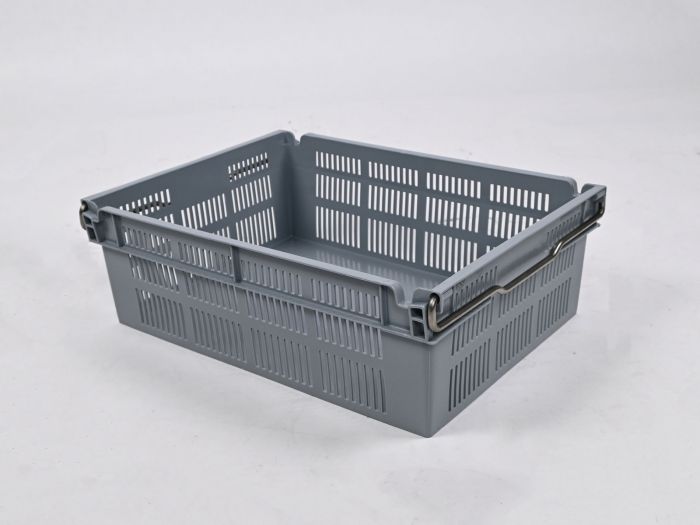 Bale arm crate 45L, 600x400x237 mm, closed bottom and perforated walls, grey