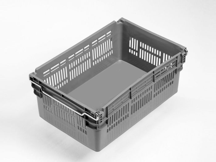 Bale arm crate 45L, 600x400x237 mm, closed bottom and perforated walls, grey