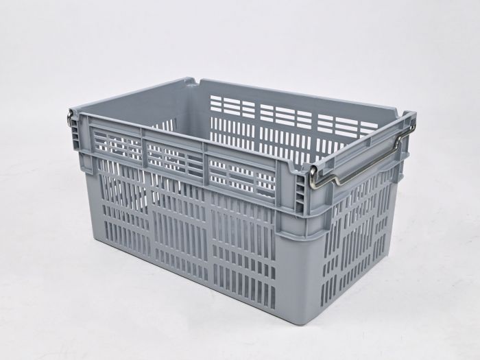 Bale arm crate 60L, 600x400x310 mm, closed bottom and perforated walls, grey