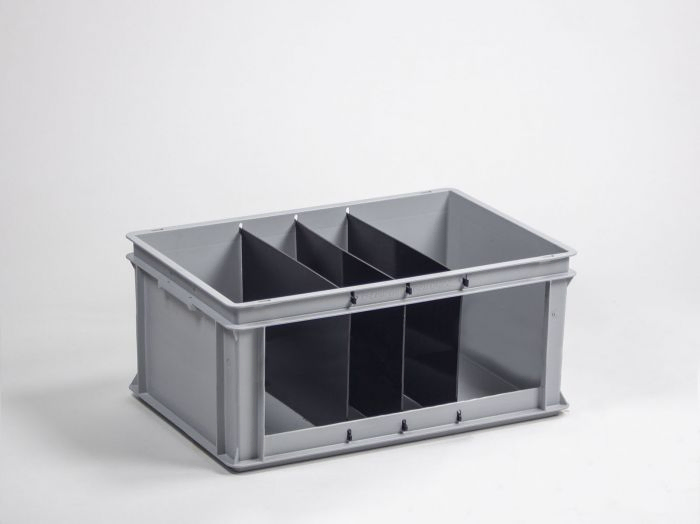 Stackable storage bin 60L open front with four compartments