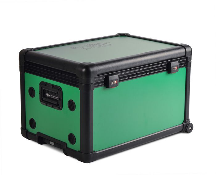 Charging transport case with tablet dividers for 16 tablets, green