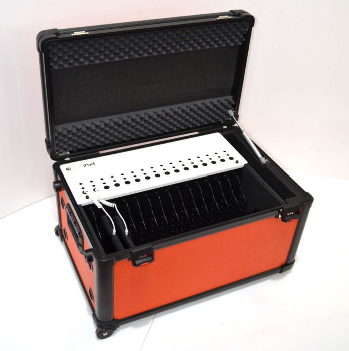 Charging transport case with tablet dividers for 16 tablets, red
